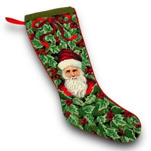 Handmade Vintage Needlepoint Needlework Christmas Stocking Santa Face Wool ?